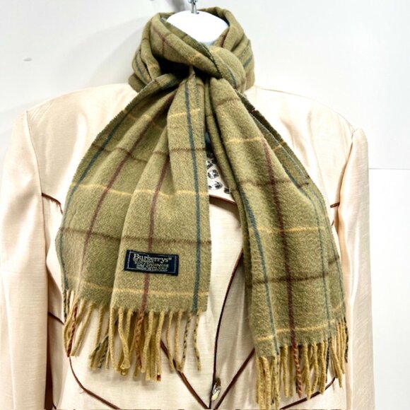 Vintage-Burberrys of London Men/Women   100% Cashmere Olive Checked  68"x12" (5 - Picture 4 of 10
